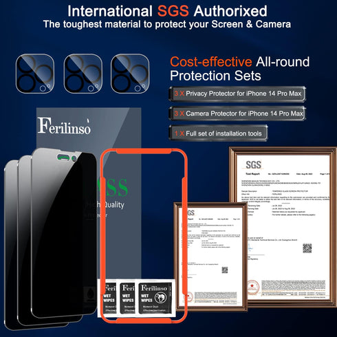 Ferilinso 3 Pack Privacy Screen Protector for iPhone 14 Pro Max - 9H Tempered Glass & Camera Lens Protectors.
