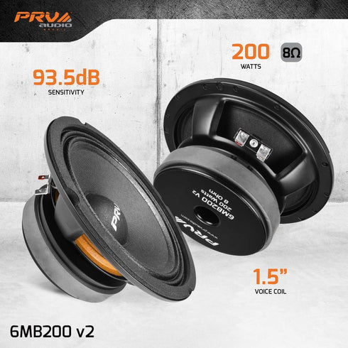 PRV AUDIO 6.5 Inch Midbass Speaker 6MB200 v2 8 Ohm - 200 Watts, 93.5 dB, 1.5" Voice Coil for Car Audio with Outstanding