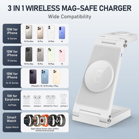 GEJIUCAI 3 1 20W 16 15 14 13 12 Magnetic Wireless Charger Stand, in Foldable Wireless Charging Station with Adapter