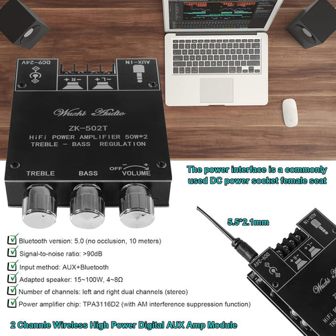 ZK-502T 50W+50W Stereo Audio Amplifier Board, DC 9-24V BT and AUX Inputs, BT 5.0 AMP Board for DIY Wireless Speakers