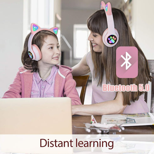 Kids Wireless Headphones, Cat Ear LED Light Up Bluetooth Foldable Headphones with Microphone for Online Learning