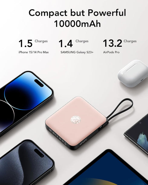 VRURC 22.5W 10000mAh Pack 17 16 S26 S25 Pink(1 Pack) Portable Charger for iPhone Built-in Cables, USB C Fast Charging