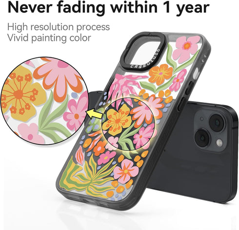 Cute Aesthetic iPhone 15 Case - Durable Girly Passion Flower Print Cover for Women, 6.1 inches, Black.