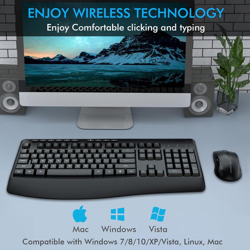 E-YOOSO Wireless Keyboard and Mouse Combo - 2.4GHz Full-Sized Ergonomic Keyboard with Wrist Rest, USB Mouse