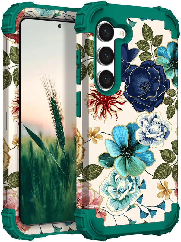 Hocase for Galaxy S24 Case, Shockproof Heavy Duty Protection Hybrid Case for Samsung Galaxy S24 5G - Teal Flowers
