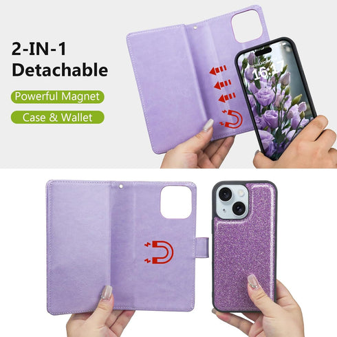 Varikke Detachable Wallet Case for iPhone 13, Glitter PU Leather with Card Holder, Magnetic Flip Cover (Light Purple)