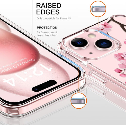 bicol Compatible with iPhone 15 Case,Crystal Clear Cover with Fashionable Designs for Girls Women,Slim Fit Shockproof Protective Acrylic Phone Case 6.1 inch,Blooming Cherry