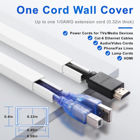 ZhiYo 68in Cord Hider Wall for One Cord, Easy Install Cable Cover, White Cable Raceway for Cord Management