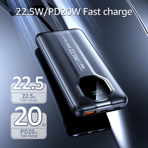 Power Bank, 20000mAh PD 22.5W Portable Charger with 4 Built-in Output Channels, 2 Output Cables, QC3.0 Fast Charging