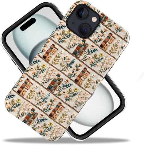 Generic 14,Anti-Scratch Compatible with iPhone Glossy Case Cover,Embroidery Book Flowers Bookshelf