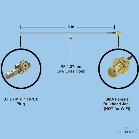 Proxicast 8 inch U.FL to SMA Female Ultra Low-Loss Coaxial Pigtail Jumper Cable for 4G, LTE, 5G, Bluetooth