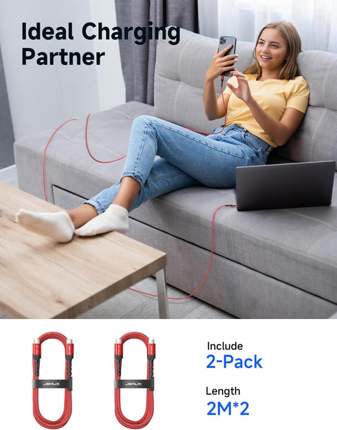 JSAUX 100W USB C to USB C Cable (2-Pack 6.6FT) - Fast Charging Cord for iPhone 15 Pro Max, Samsung S24, MacBook Pro/Air.