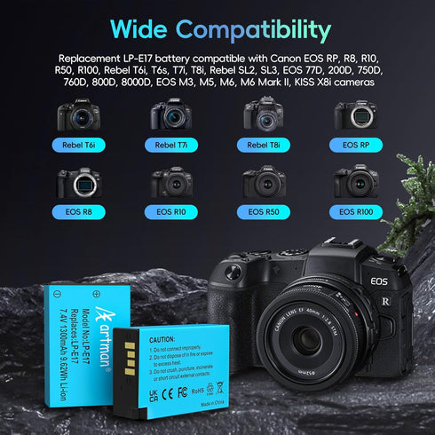 A Artman LP-E17 2-Pack E17 R50 R100 R10 R8, T8i T7i T6i T6s, V1, SL2 SL3, M3 M5 M6, 77D 200D 250D 750D 760D 800D 8000D