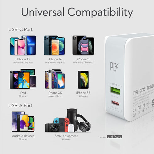 USB C Charger, MANTO 30W 2 Port PD Fast Charger with 20W USB-C Power Adapter, Foldable International Travel Adapter for