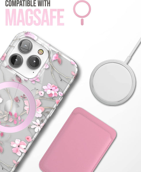 ENCASED Magnetic Case for iPhone 14 PRO with Screen Protector - Compatible with MagSafe Accessories (Pink Flowers)
