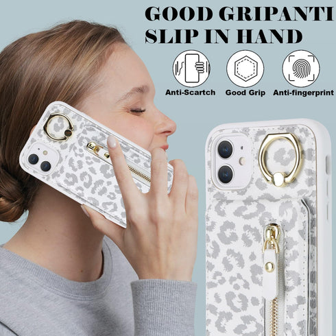 iPhone 12 Pro Case with Card Holder, Wallet for Women MagSafe Compatible Detachable 2-in-1 for Men, White Leopard