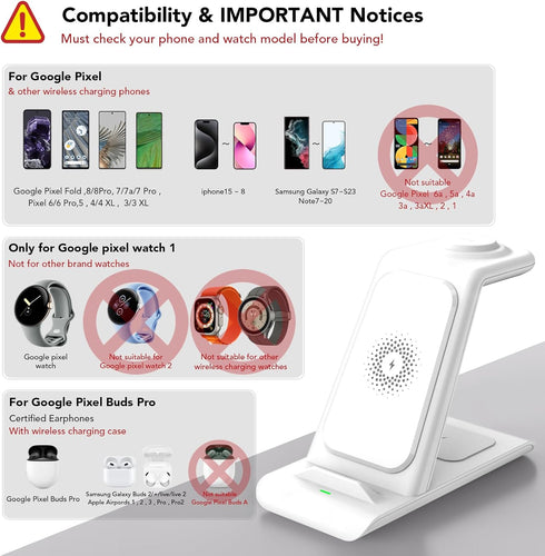 3 in 1 Wireless Charger for Google Pixel Watch - Charging Station for Pixel Devices and iPhone
