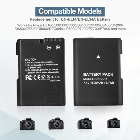 EN-EL14 EN EL14A Battery 2-Pack 1500mAh Li-ion for Nikon D3100, D3200, D3300, D3400, D3500, D5100, and More