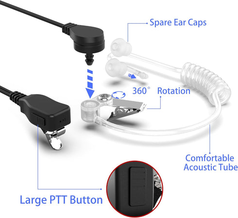 Walkie Talkie Earpiece with Mic, 2 Pin Air Acoustic Tube Surveillance Headset, Compatible with Baofeng, Kenwood, 1 Pack
