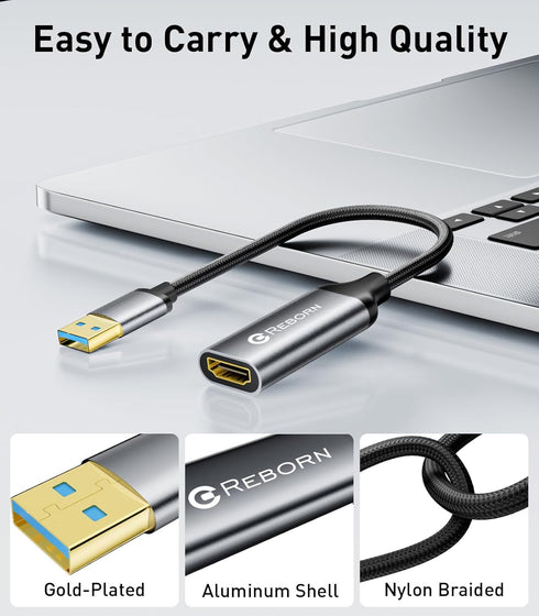 Reborn 1080P@60Hz 3.0 7/8/10/11 USB to HDMI Adapter, USB Male to HDMI Female Multi-Display Cable Converter Suitable