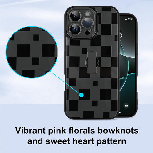 LEOMAKRON 16 for iPhone Pro Case with Finger Strap Kickstand, Cute Checkered Checkerboard Pattern for Women Men, Full