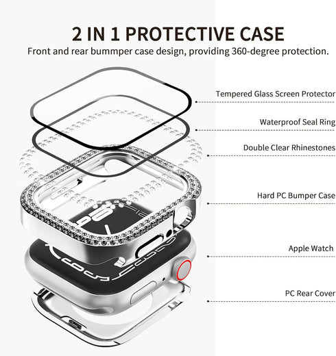 2 in 1 Waterproof Bling Case for Apple Watch 44mm, Glitter Diamond Rhinestone Bumper Face Cover for SE Series 6/5/4