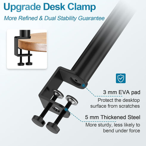 Set of 2 Height Adjustable Studio Monitor Speaker Stands, 12" to 18" with Desk Clamp for Desktop Use.