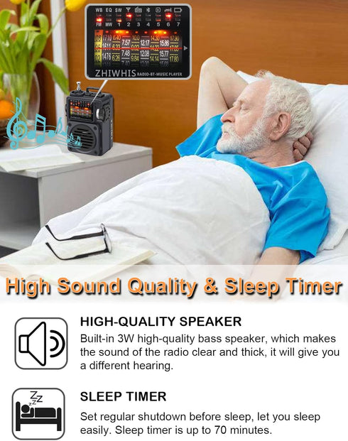 ZHIWHIS Portable Shortwave Radio with Bluetooth, Retro Analog Tuner, Weather AM FM, Rechargeable MP3 Player, Sleep Timer