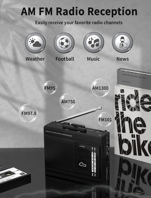 Cassette MP3 Cassette Radio,Cassette Recorder,USB-C/2AA Microphone,3.5mm to Player via SD Card Converter with AM FM