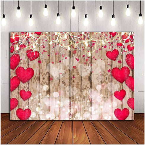 Red Love Heart Valentine's Day Vintage Rustic Wood Theme Photography Backdrops 7x5ft for Parties