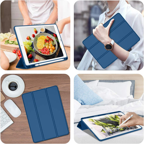 iPad 9.7 Case (2018/2017 Model, 6th/5th Generation), Smart Cover with Pencil Holder, Soft Silicone Back, Navy Blue