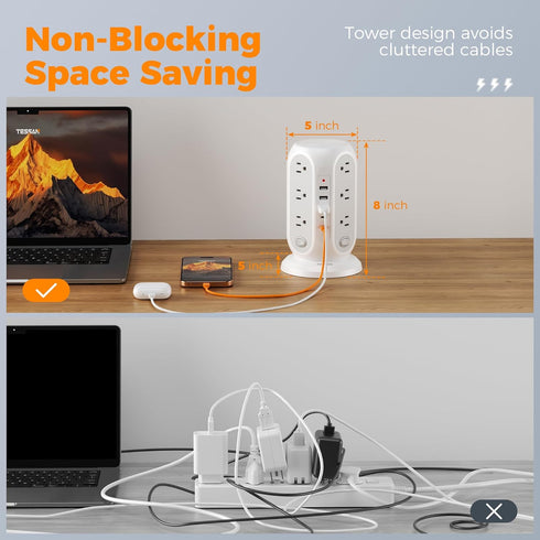 TESSAN 12 5 Ports(2 10 1250W, Tower Power Strip with Individual Switches, Surge Protector with Outlets, USB USB C)