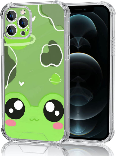 Cute Frog iPhone 12 Pro Max Case - 6.7" Kawaii Green Frog Design, Non-Slip, Shock Absorption, Gel Frame for Teens.