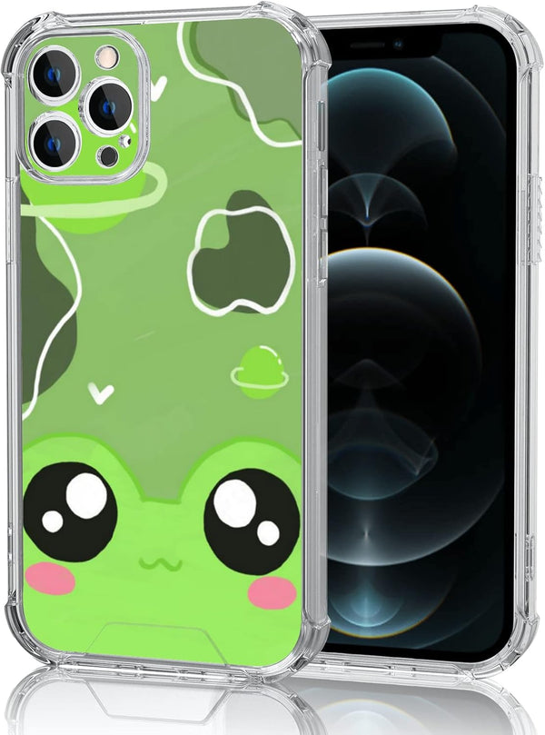 Cute Frog iPhone 12 Pro Max Case - 6.7" Kawaii Green Frog Design, Non-Slip, Shock Absorption, Gel Frame for Teens.