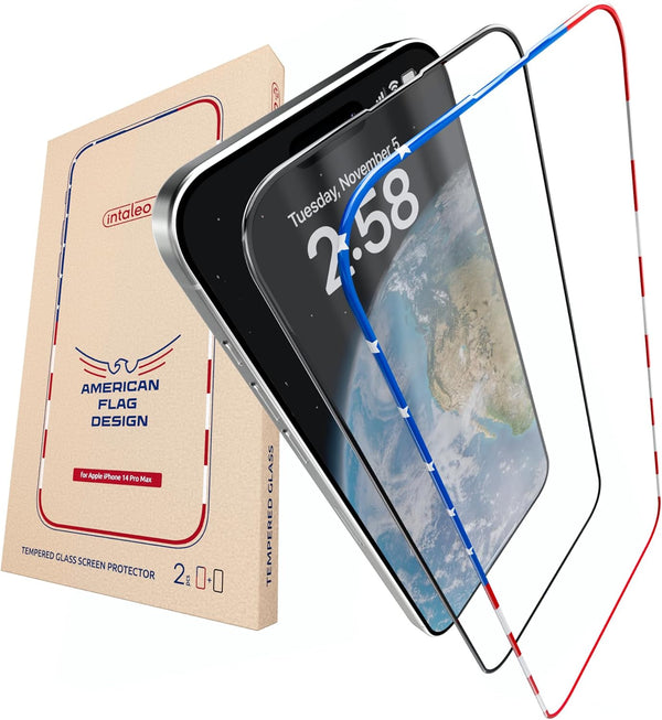 Screen Protector for iPhone 14 Pro Max - 2 Pack (USA Flag & Classic Black) Tempered Glass, 9H Hardness, Full Coverage