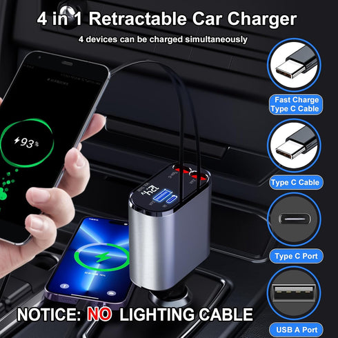 Retractable Car Charger 4 in 1 USB C Fast Charger with Dual Type-C Cables (31.5 inch) and 2 Charging Ports Compatible