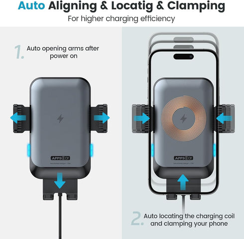 APPS2Car Wireless Car Charger Mount - CD Slot Auto Clamping 15W Fast Charging Phone Holder for iPhone 16, 15, 14, 13, 12