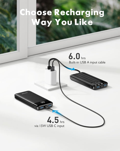 Portable Charger 10000mAh Slim Battery Pack with Built-in Cables, 6 Outputs, 3A High Speed for iPhone Samsung Pixel LG