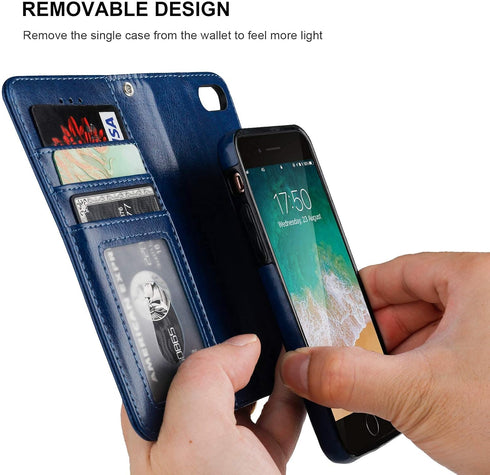 Bocasal Wallet Case for iPhone SE (2022/2020)/8/7 - PU Leather Magnetic Detachable Kickstand, Shockproof, Blue
