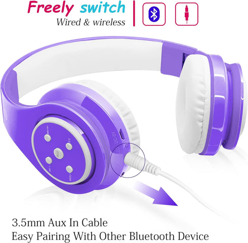 Kids Wireless Bluetooth Headphones, Volume Limited 85db/110db Over-Ear Foldable Headphones with Mic for Boys, Girls