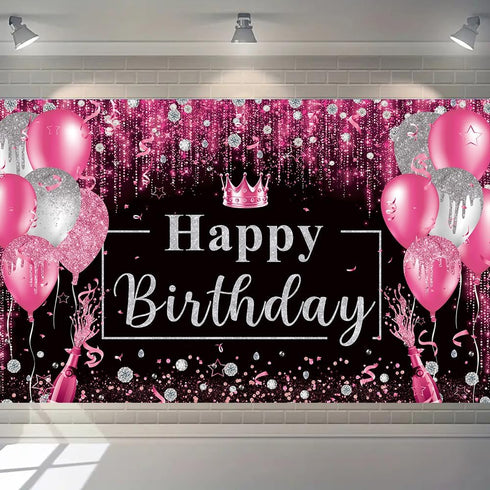 Pink and Black Happy Birthday Backdrop, Glitter Balloon Decorations for Women and Girls Party