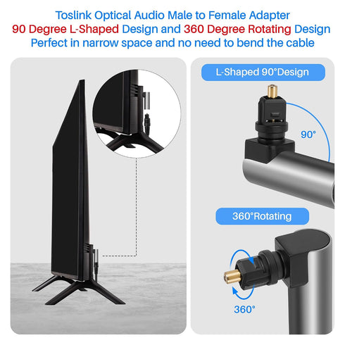 Togconn 90 2 Pack, Degree Optical Fiber Digital Extension Adapter Right Angle Toslink Optic Audio Male to Female S/PDIF