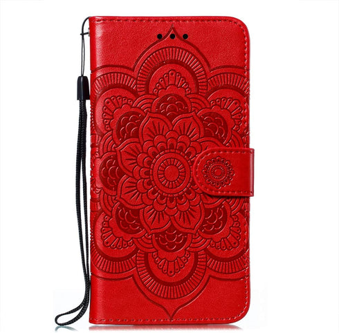 for Samsung Galaxy A12 Case - Flip Premium Wallet Phone Case, PU Leather Mandala Embossed Cover, Red LD