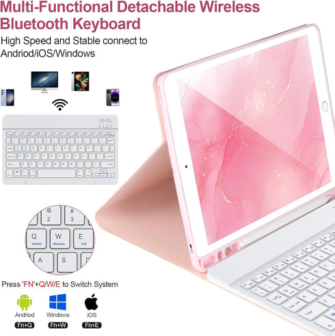 Keyboard Case for iPad 9th/8th/7th Gen 10.2’’, Detachable Bluetooth Keyboard, Pencil Holder, Pink-W