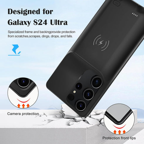 Battery Case for Galaxy S24 Ultra, 10000mAh Black - Extended Power Bank and Wireless Charger Case