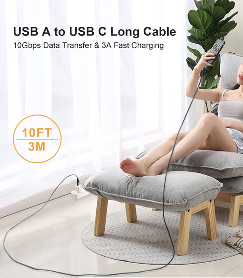 10FT USB A to USB C Cable, 10Gbps Data Transfer, 60W Fast Charging for Samsung Galaxy S22, iPad Pro, and more.