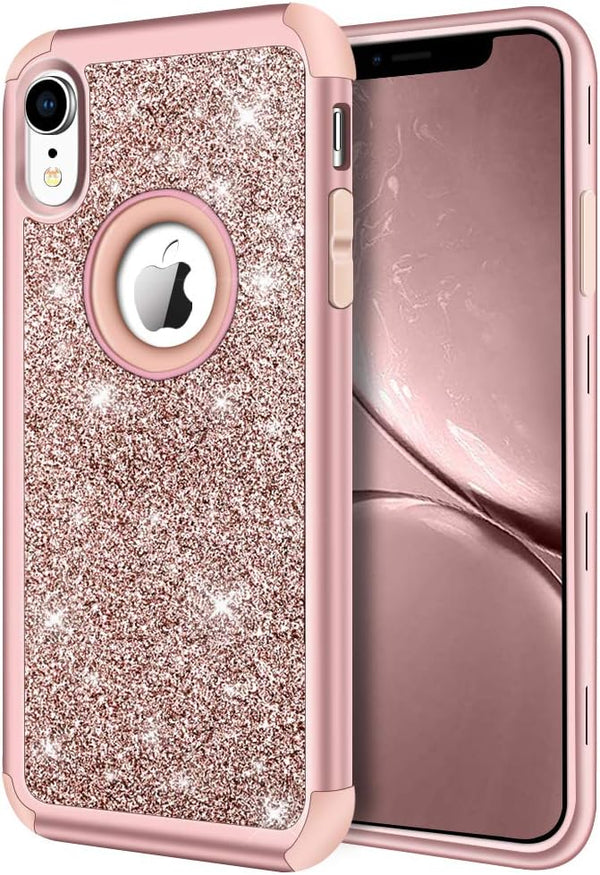 Hython iPhone XR Case - Heavy Duty Full-Body Armor, Shockproof Silicone Bumper, Rose Gold Glitter, 6.1-Inch.