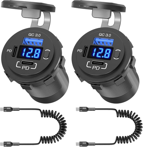 96W USB 12V Outlet 3 Port with 2 Type C Cable: Multi USB C Car Charger Adapter Dual PD30W & QC3.0 Auto Cigarette