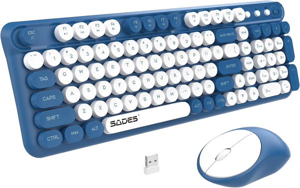 Wireless Keyboard and Mouse Combo, Retro Typewriter Keyboard and Mouse with Round Keypads for Windows Laptop PC