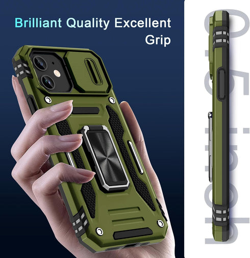 DEERLAMN Military Grade Shockproof Case for iPhone 11, with Slide Camera Cover + Screen Protector (2 Packs), Olive Green